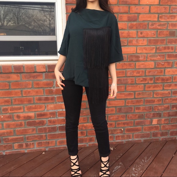 Unique Hunter Green Fringe Blouse 🍃 - Picture 2 of 6